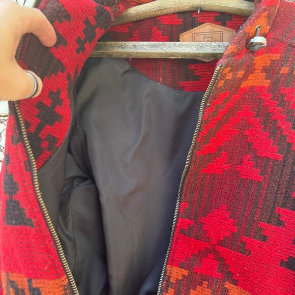 Vintage 80s 90s Woolrich maroon orange Tribal Aztec Southwestern Blanket Coat - Picture 6 of 10